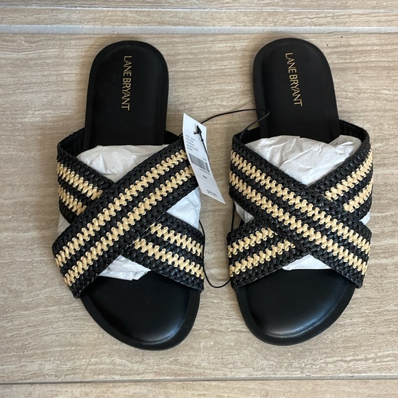 LANE BRYANT NWT Womens Size 9W Dream Cloud Criss-Cross Raffia Slide Black Tan - Picture 3 of 8
